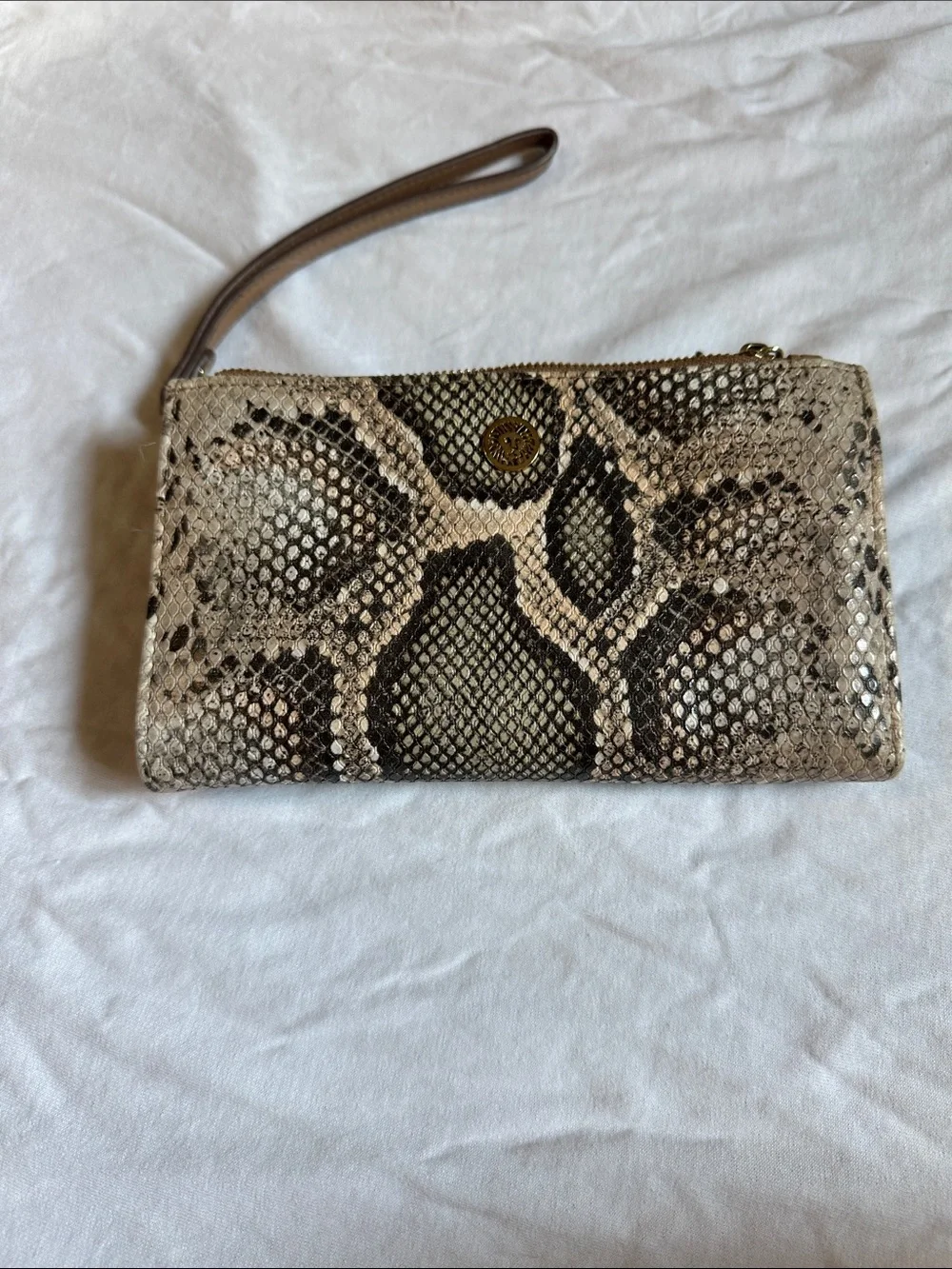 Anne Klein Snake-Print Wristlet in Beige and Brown